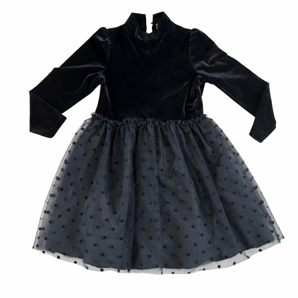 Btween Size 12 Girls Formal Black Velvet & Tulle Polka Dot Dress w Crinoline.
